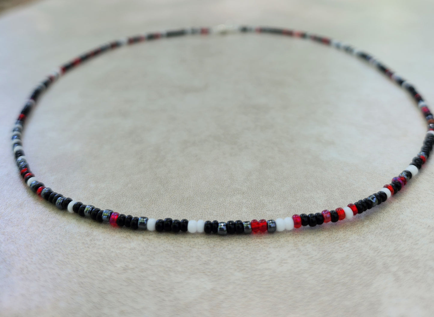 11/0 Raven necklace tiny seed bead necklace, white, black, silver lined red, gunmetal