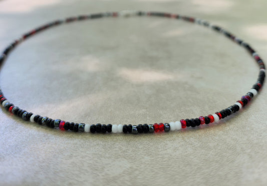 11/0 Raven necklace tiny seed bead necklace, white, black, silver lined red, gunmetal