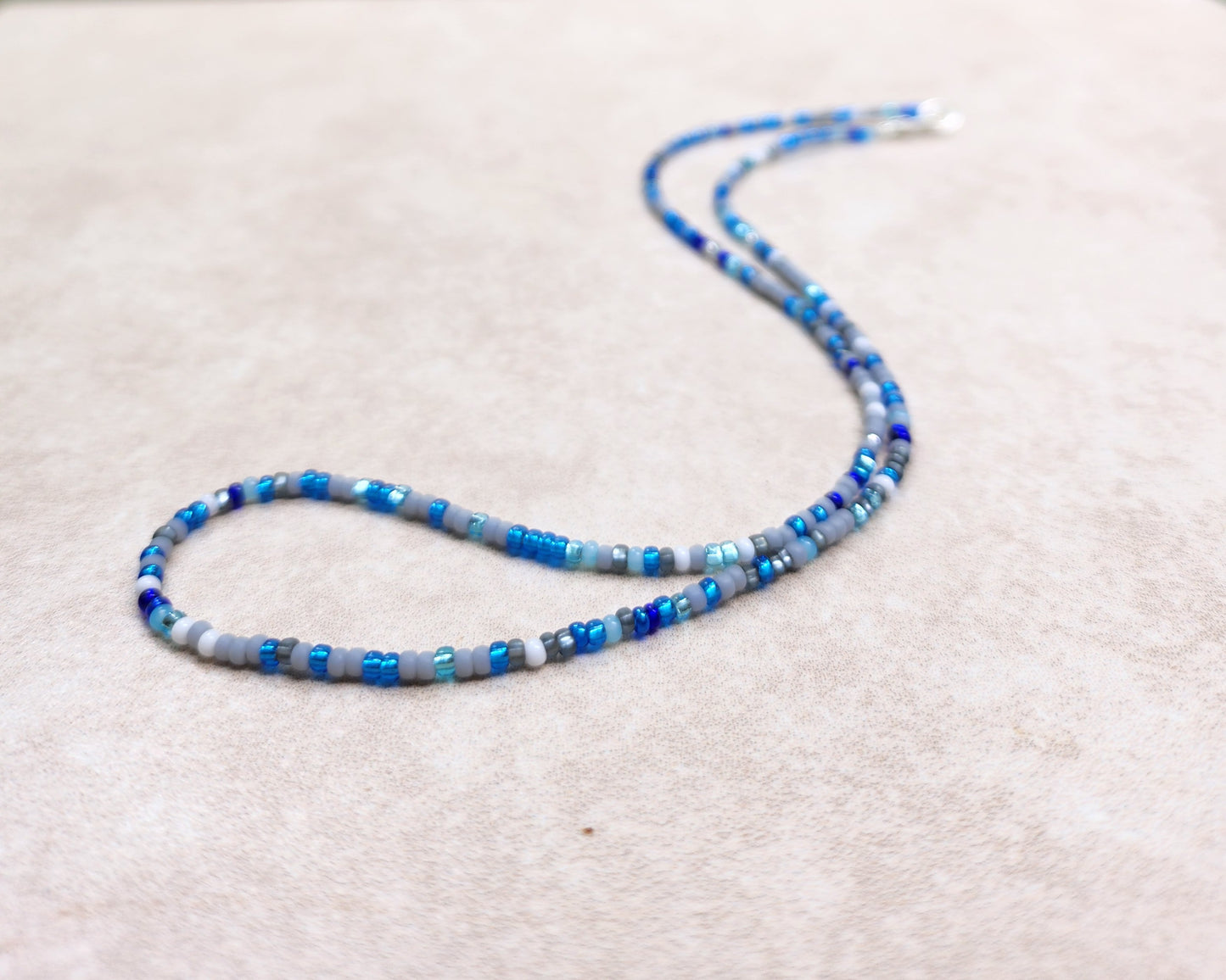 11/0 Rain Shower necklace tiny seed bead necklace, shades of blue, grey, and white seed bead necklace