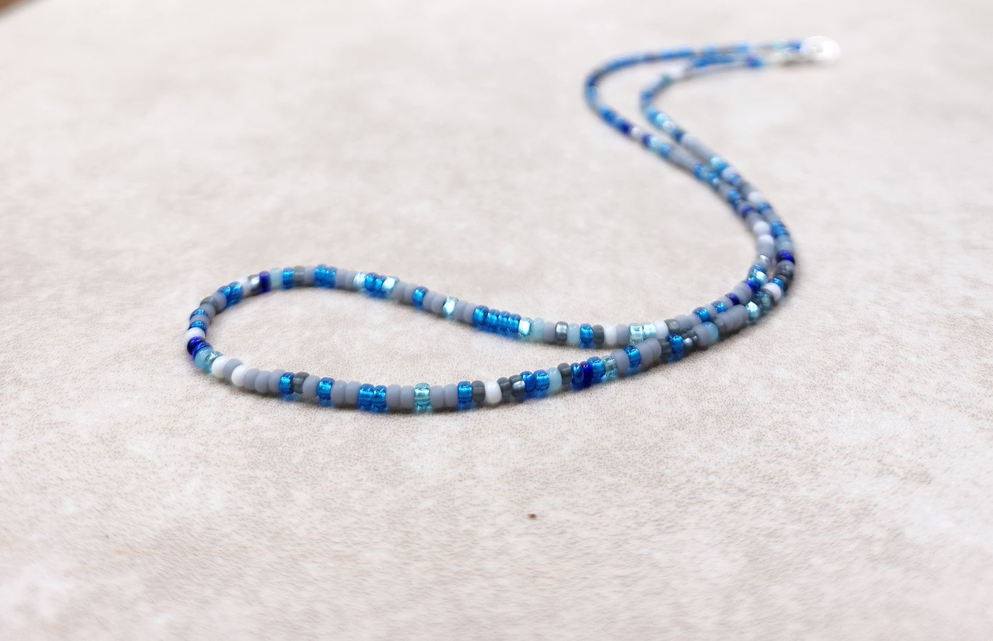 11/0 Rain Shower necklace tiny seed bead necklace, shades of blue, grey, and white seed bead necklace