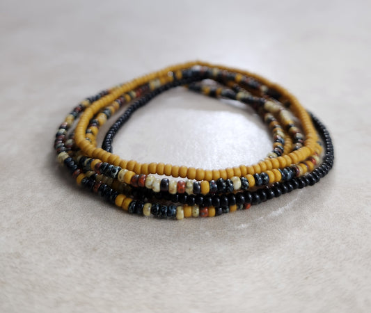 11/0 Sunflower tiny stretch seed bead bracelet set, miyuki Sunflower Picasso, miyuki matte golden mustard, czech black