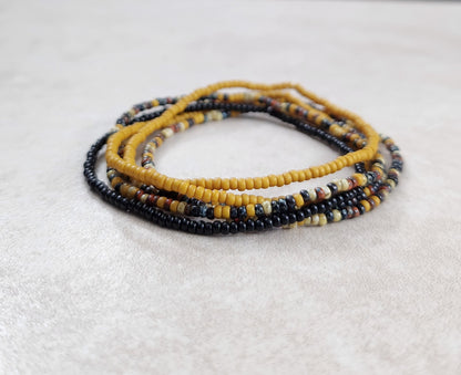 11/0 Sunflower tiny stretch seed bead bracelet set, miyuki Sunflower Picasso, miyuki matte golden mustard, czech black