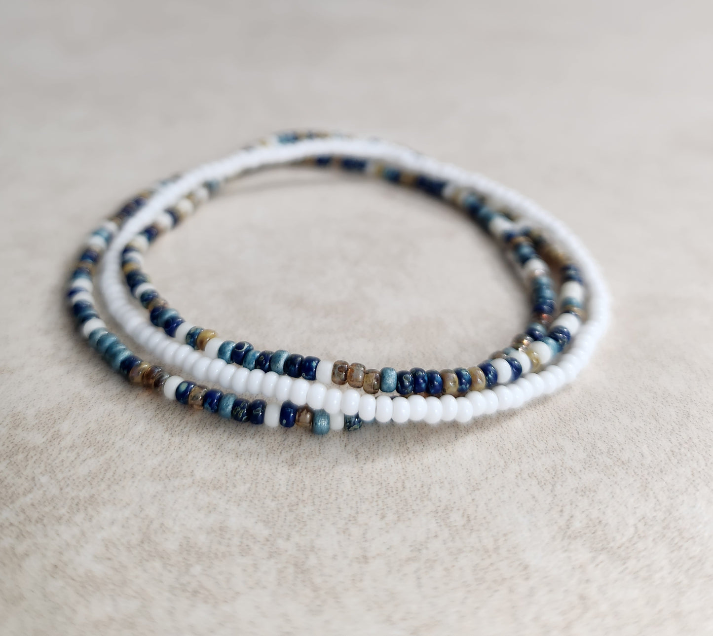 11/0 3 Piece Classic Jeans Picasso Miyuki and White Czech stackable dainty stretch seed bead bracelet set