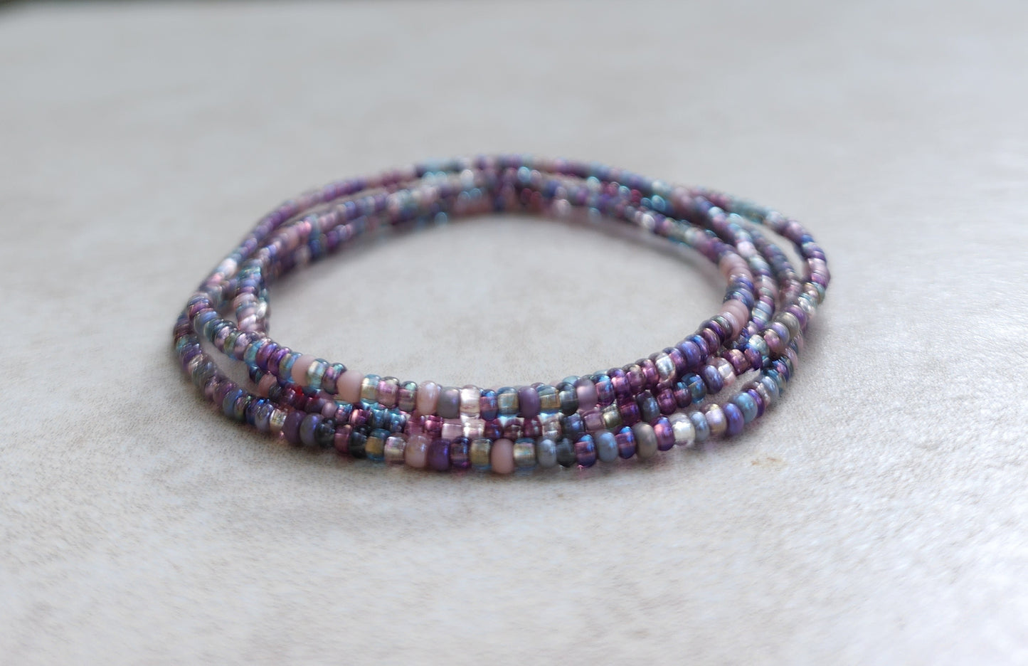 11/0 -WRAP- 25 inch Mauve Blend Tiny Seed bead wrap bracelet, shades of mauve, very light aqua ab, shades of grey, shades of purple