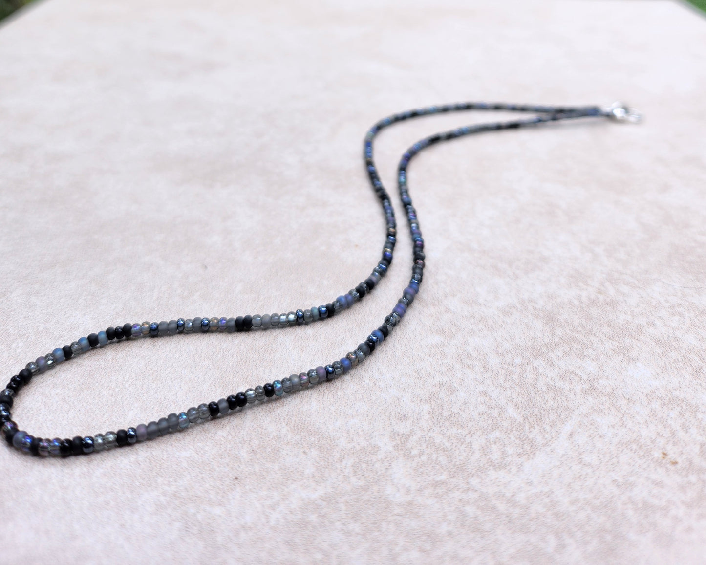 11/0 Midnight necklace tiny seed bead necklace, shades of black, dark grey, and dark purple/blue iris hue