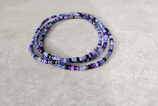 11/0 Set of 3 Butterfly tiny stretch stackable seed bead bracelets, dainty black, aqua and purple lined, purple shades seed bead bracelets