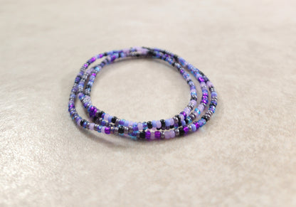 11/0 Set of 3 Butterfly tiny stretch stackable seed bead bracelets, dainty black, aqua and purple lined, purple shades seed bead bracelets