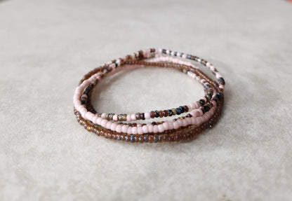 11/0 La Cheyenne Picasso tiny stretch seed bead bracelet set, Blend of light brown picasso, pale pink, Cheyenne Blend Picasso bracelets