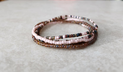 11/0 La Cheyenne Picasso tiny stretch seed bead bracelet set, Blend of light brown picasso, pale pink, Cheyenne Blend Picasso bracelets