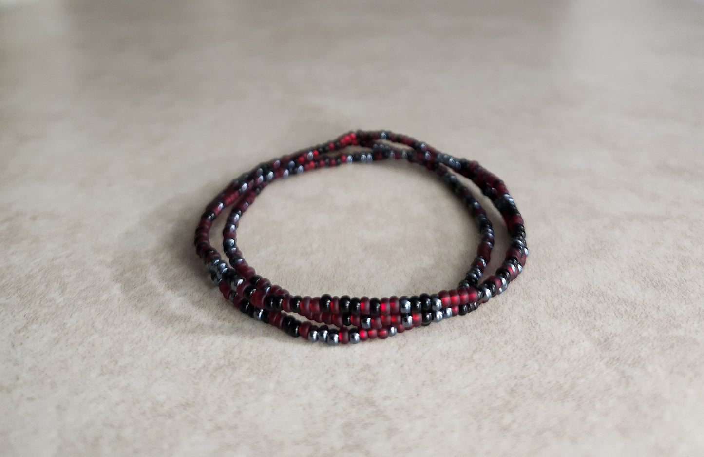 11/0 Set of 3 Edge Tiny Stretch Seed bead stackable bracelets, black, gunmetal, matte garnet stretch seed bead bracelet