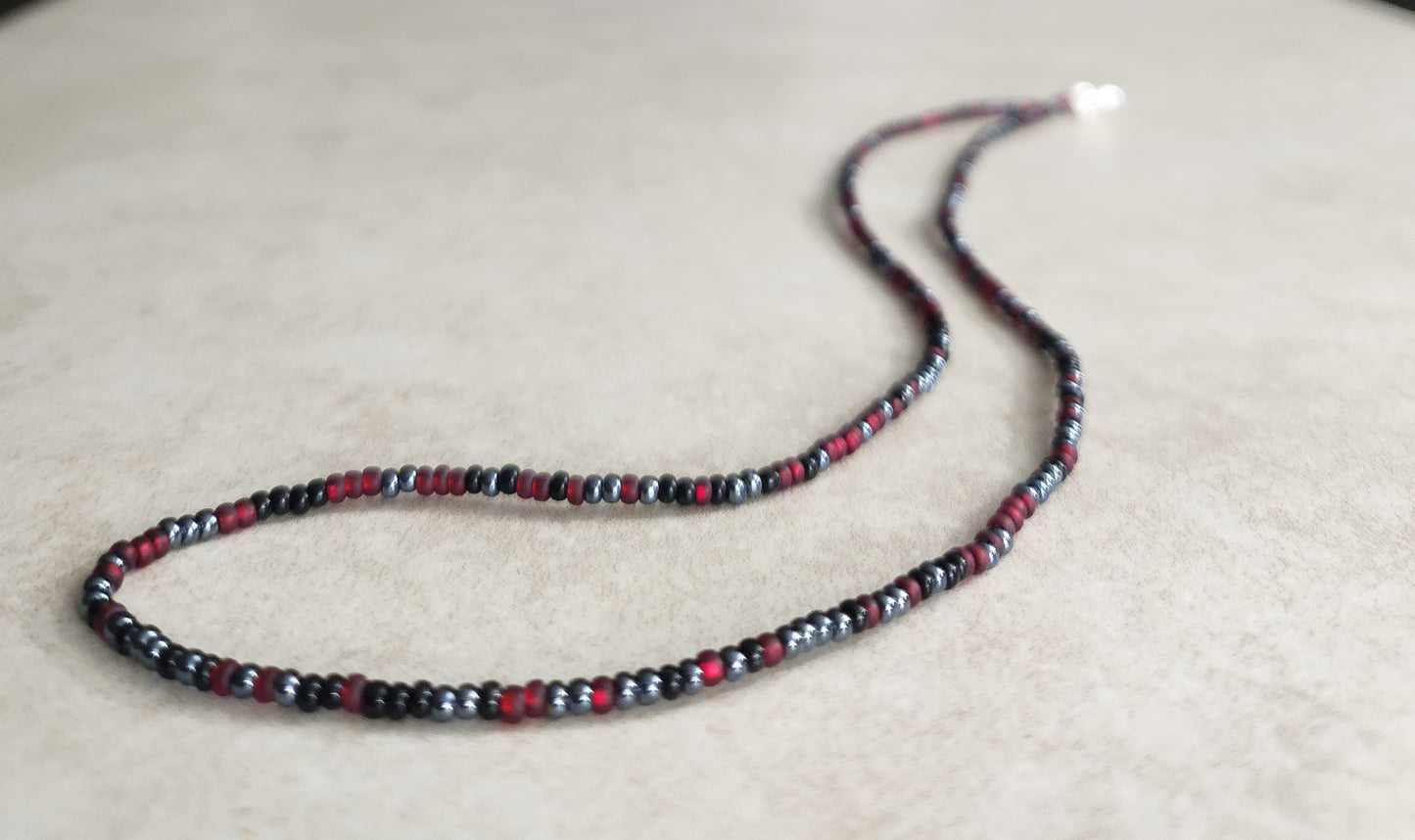 11/0 Edge necklace tiny seed bead necklace, matte garnet, gunmetal, black seed bead necklace