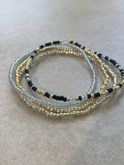 11/0 Set of 4 Girls Best Friend Japanese stretch tiny Seed bead bracelet set, Diamond tone, silver, soft gold, and black tone