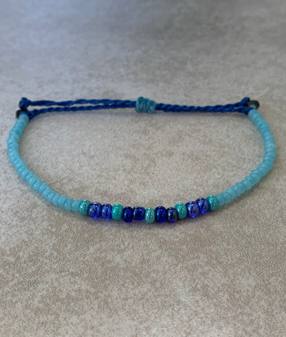 8/0 and 6/0 shades of blue seed bead wax string bracelet, waterproof adjustable wax string bracelet