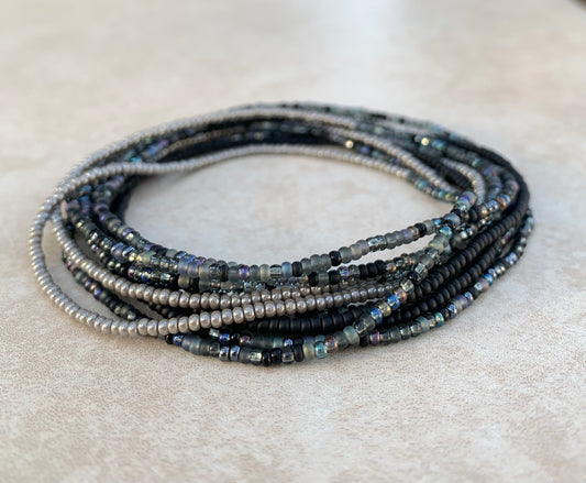 11/0 -WRAP- 84 inch Midnight Seed bead wrap bracelet, matte black, shades of gray wrap seed bead bracelet