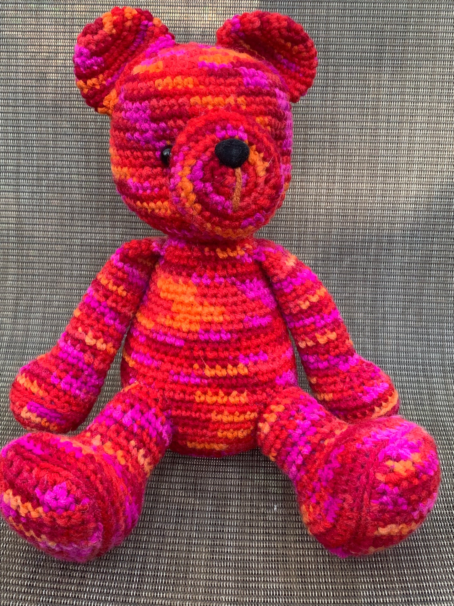 Vibrant and colorful red, purple, and orange handmade teddy bear, emotional support teddy bear, cuddle teddy bear cub,stuffed animal gift