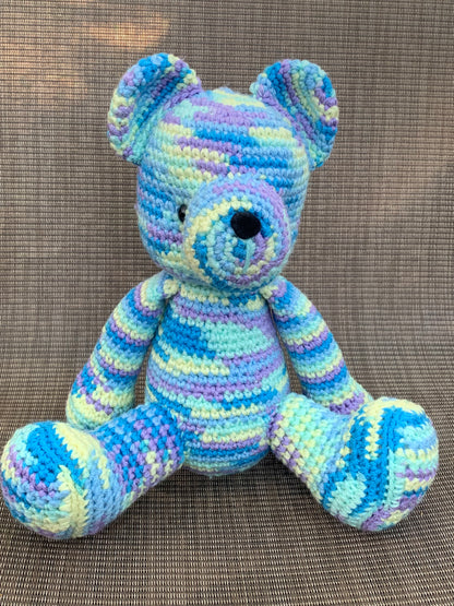 Comfort tones blue mixed teddy bear, crochet small teddy bear, hand woven teddy bear, amigurumi teddy bear, blue, mint, yellow and purple