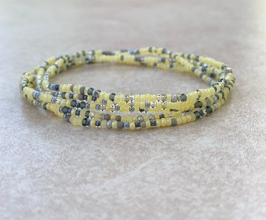 11/0-WRAP- 36 inch Cloudy Day Tiny Seed bead wrap bracelet, Light Opal Yellow, Pale Yellow Ceylon, gray,silver,clear seed bead wrap bracelet