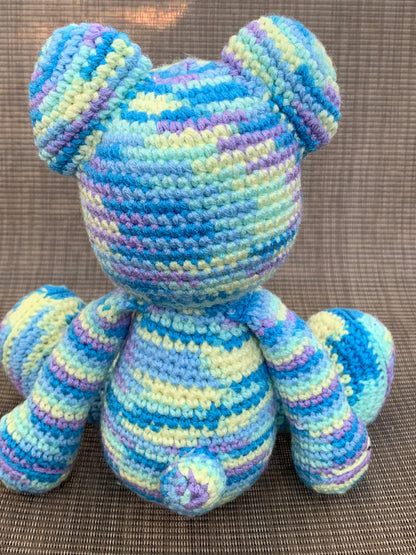 Comfort tones blue mixed teddy bear, crochet small teddy bear, hand woven teddy bear, amigurumi teddy bear, blue, mint, yellow and purple