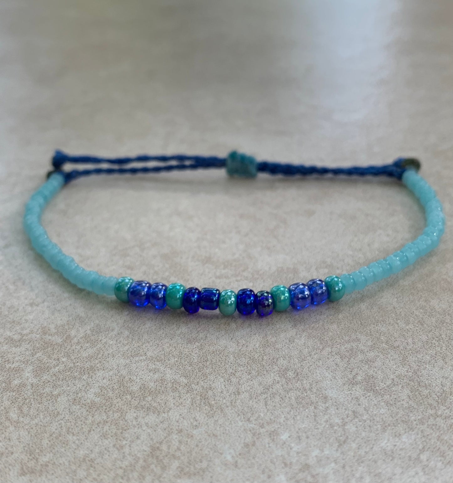 8/0 and 6/0 shades of blue seed bead wax string bracelet, waterproof adjustable wax string bracelet