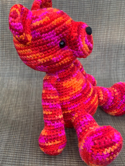 Vibrant and colorful red, purple, and orange handmade teddy bear, emotional support teddy bear, cuddle teddy bear cub,stuffed animal gift