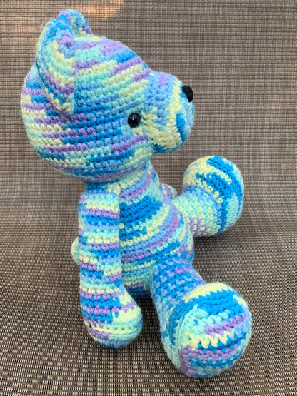 Comfort tones blue mixed teddy bear, crochet small teddy bear, hand woven teddy bear, amigurumi teddy bear, blue, mint, yellow and purple