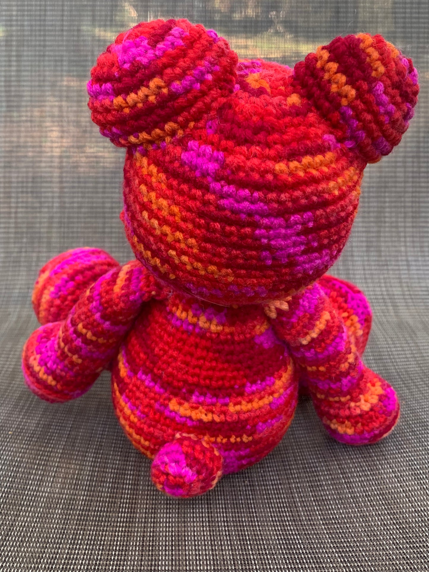 Vibrant and colorful red, purple, and orange handmade teddy bear, emotional support teddy bear, cuddle teddy bear cub,stuffed animal gift